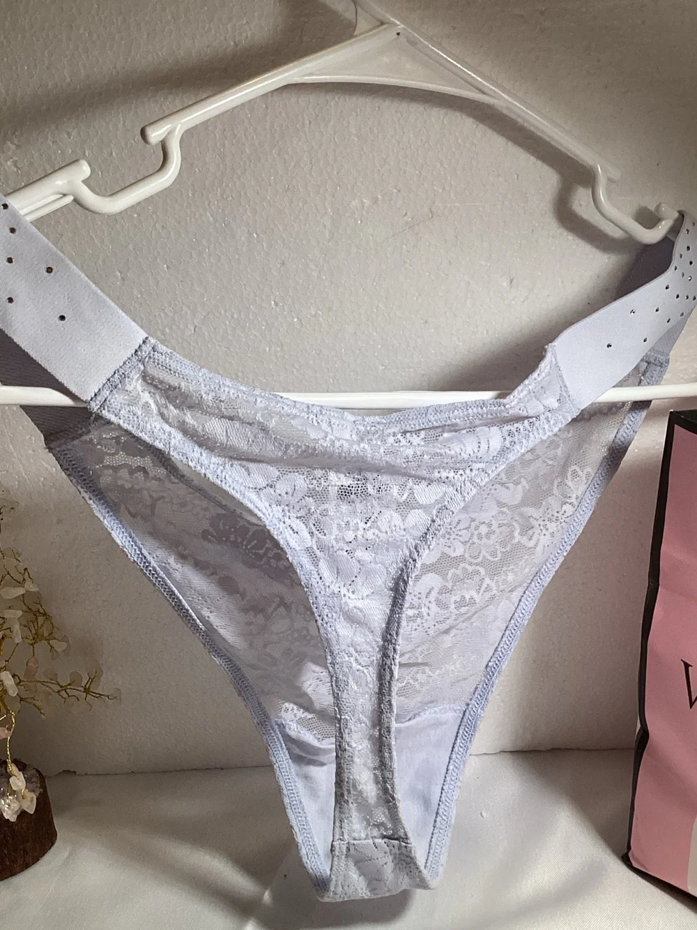 PINK Victoria's Secret Lace High-Cut Thong Panty - Light Gray